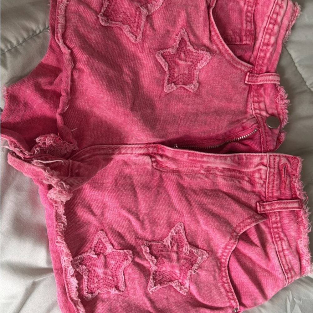 Pink Star Embroidered Denim Shorts